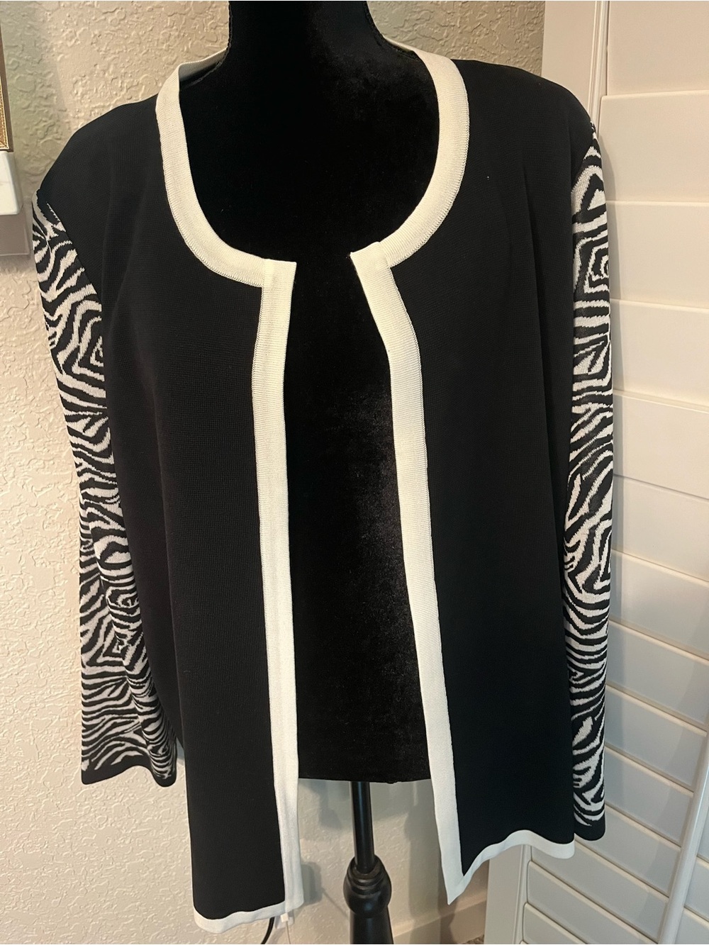 Misook Black and White Zebra-Sleeve Open Cardigan - Women Tops